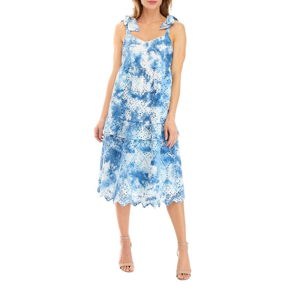 Crown & Ivy Women's 16 Bow Strap Tie Dye Eyelet Midi Dress Blue‎ Lined Pockets